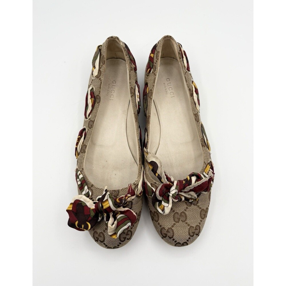 Gucci Brown Canvas Monogram Ballet Flats w/ Ribbon & Bow Accents Y2K Sz EU 37
